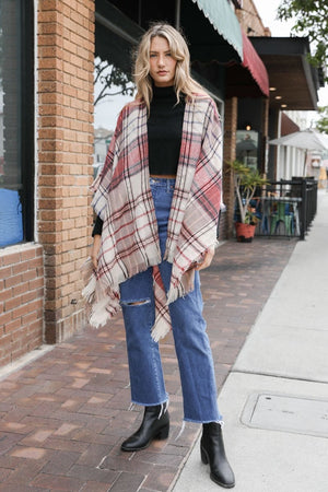 Lightweight Plaid Ruana Ponchos Red Lavender