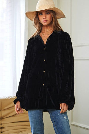 Long Sleeve Button Front Loose Fit Shirt Top Davi & Dani Black S 