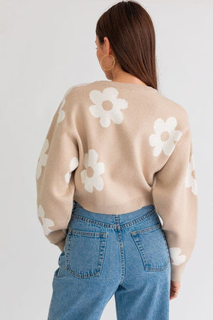 LONG SLEEVE CROP SWEATER WITH DAISY PATTERN LE LIS 