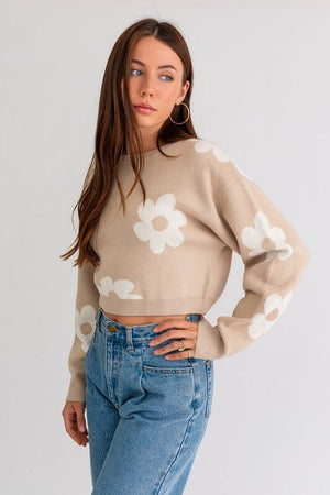 LONG SLEEVE CROP SWEATER WITH DAISY PATTERN LE LIS 