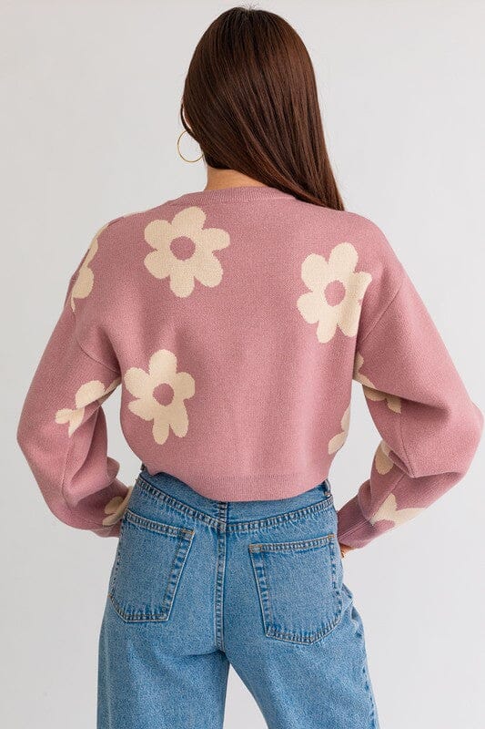 LONG SLEEVE CROP SWEATER WITH DAISY PATTERN LE LIS PINK-CREAM XS 