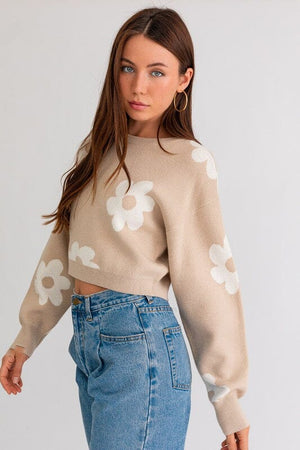 LONG SLEEVE CROP SWEATER WITH DAISY PATTERN LE LIS 