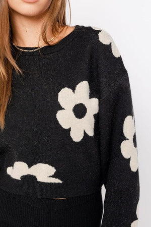 LONG SLEEVE CROP SWEATER WITH DAISY PATTERN LE LIS 