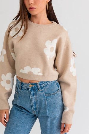 LONG SLEEVE CROP SWEATER WITH DAISY PATTERN LE LIS 