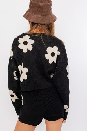 LONG SLEEVE CROP SWEATER WITH DAISY PATTERN LE LIS 