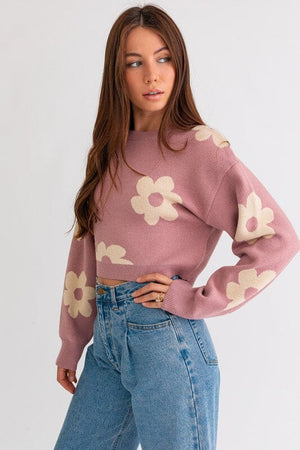 LONG SLEEVE CROP SWEATER WITH DAISY PATTERN LE LIS 