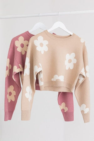LONG SLEEVE CROP SWEATER WITH DAISY PATTERN LE LIS 