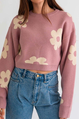 LONG SLEEVE CROP SWEATER WITH DAISY PATTERN LE LIS 