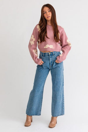 LONG SLEEVE CROP SWEATER WITH DAISY PATTERN LE LIS 