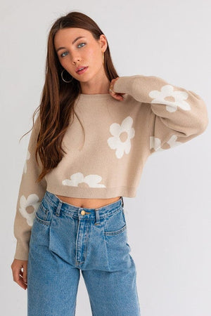 LONG SLEEVE CROP SWEATER WITH DAISY PATTERN LE LIS BEIGE-WHITE XS 