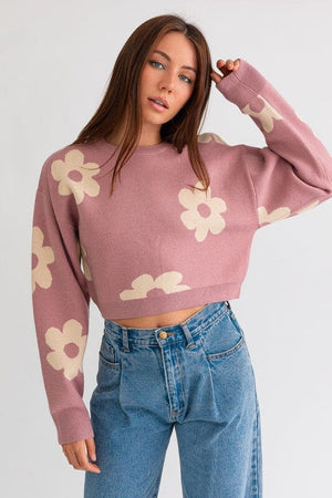 LONG SLEEVE CROP SWEATER WITH DAISY PATTERN LE LIS PINK-CREAM XS 
