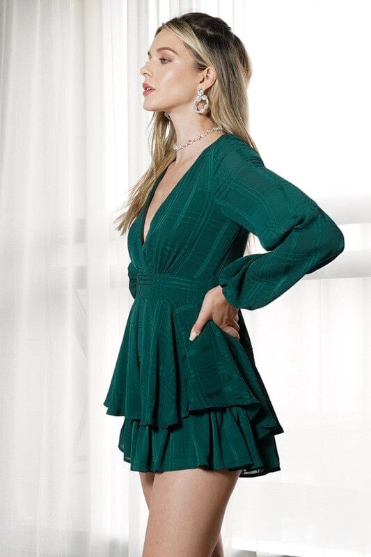 Long Sleeve Tiered Mini Romper One and Only Collective Inc FOREST GREEN XS 