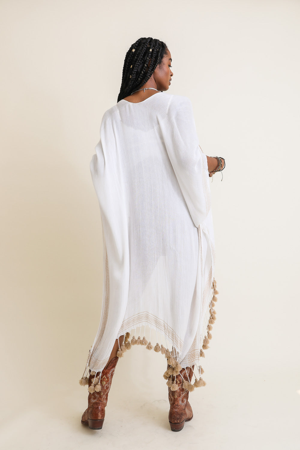 Longline white tassel border kimono, a lightweight and stylish layering piece.