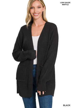 Low Gauge Waffle Open Cardigan Sweater ZENANA BLACK S 