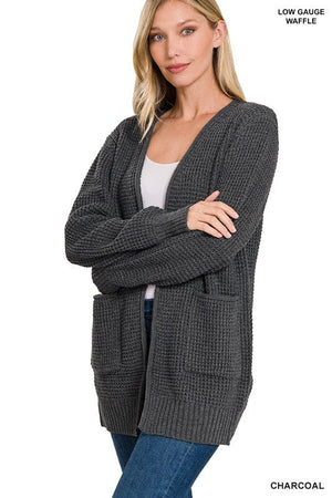 Low Gauge Waffle Open Cardigan Sweater ZENANA CHARCOAL S 