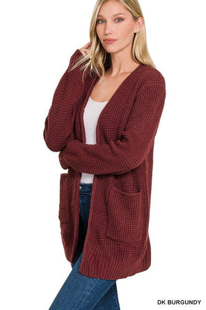 Low Gauge Waffle Open Cardigan Sweater ZENANA DK BURGUNDY S 