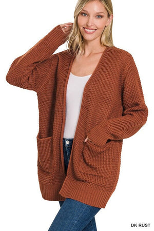 Low Gauge Waffle Open Cardigan Sweater ZENANA DK RUST S 