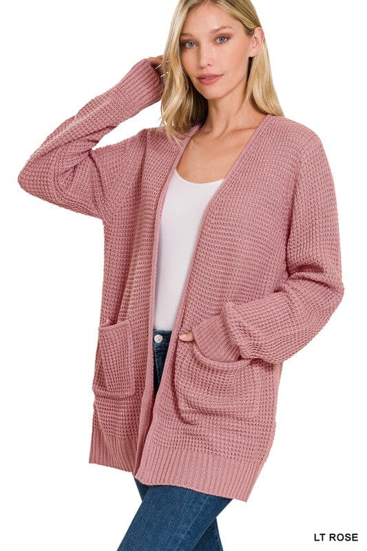 Low Gauge Waffle Open Cardigan Sweater ZENANA LT ROSE S 