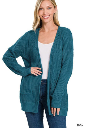 Low Gauge Waffle Open Cardigan Sweater ZENANA TEAL S 