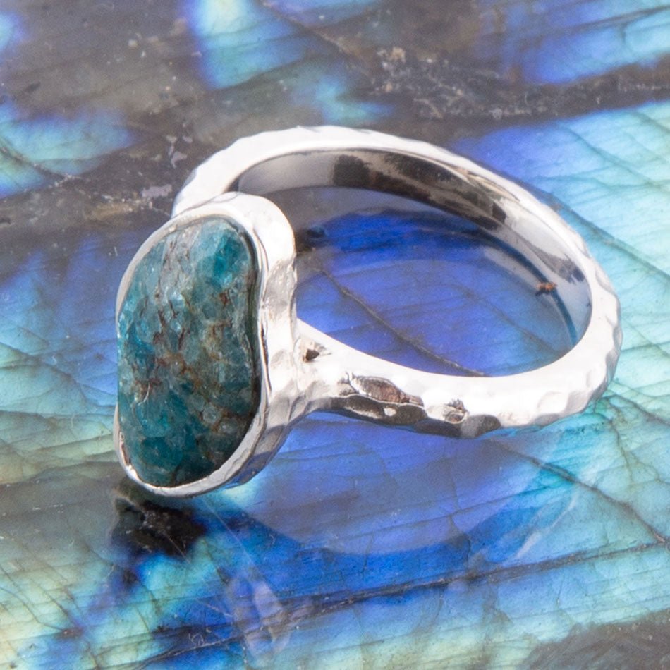 Luna Faceted Blue Apatite and Sterling Silver Hammered Ring