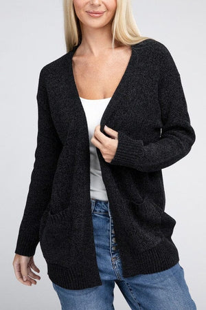 Melange Open Front Sweater Cardigan ZENANA BLACK S 