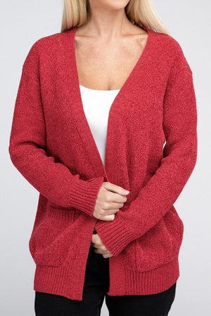 Melange Open Front Sweater Cardigan ZENANA DK RED S 
