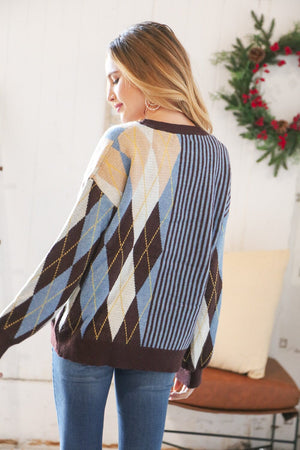 Mocha Blue Half & Half Vertical Stripe Sweater Entro 