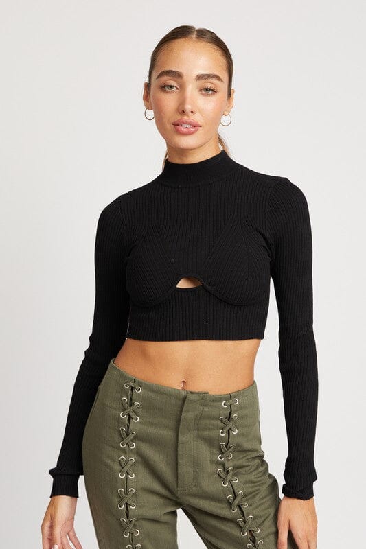 MOCK NECK CROP TOP WITH CUT OUT Emory Park BLACK S 