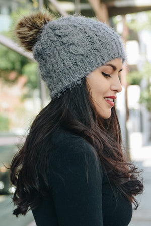 Mohair Fur Knit Pom Beanie Beanies Leto Collection Gray 