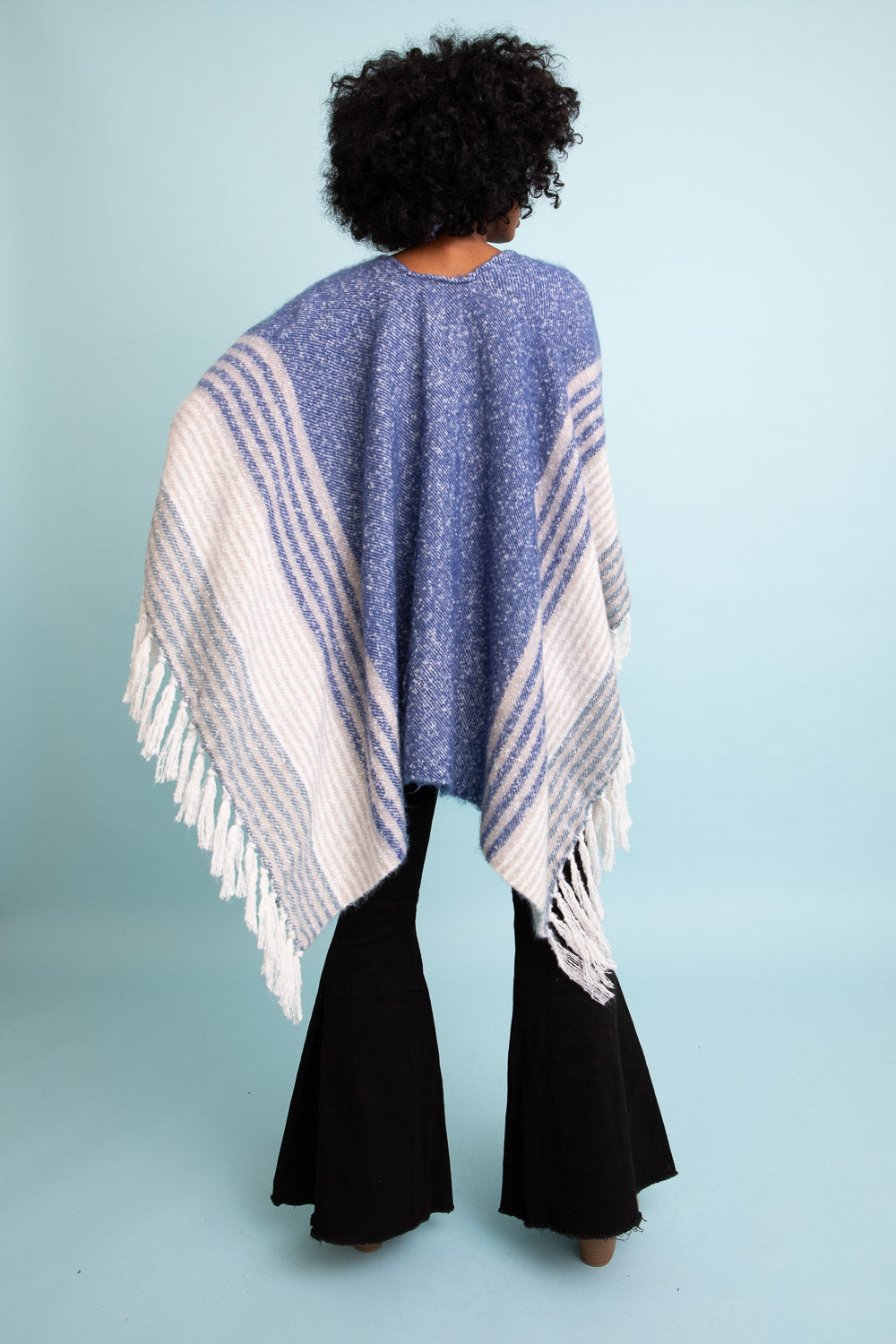 Mohair Striped Ruana Ponchos Blue