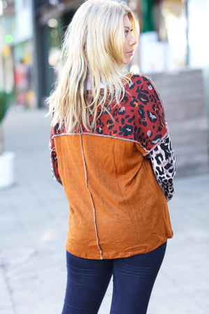 More Than Lovely Rust Colorblock Leopard Knit Top Haptics 