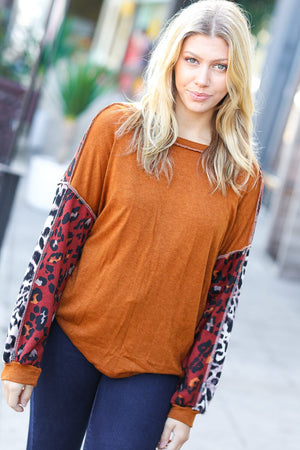 More Than Lovely Rust Colorblock Leopard Knit Top Haptics 