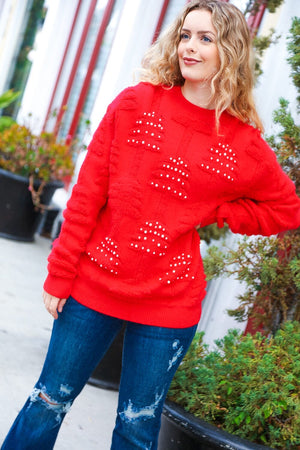 More The Merrier Red Pearl Christmas Tree Jacquard Sweater Bloom 2023 Winter Sale 