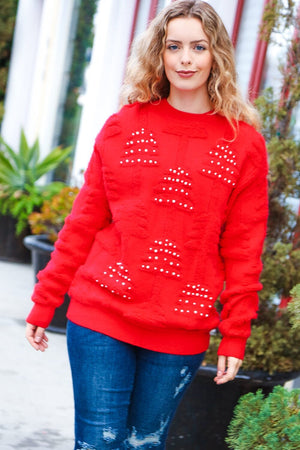 More The Merrier Red Pearl Christmas Tree Jacquard Sweater Bloom 2023 Winter Sale 