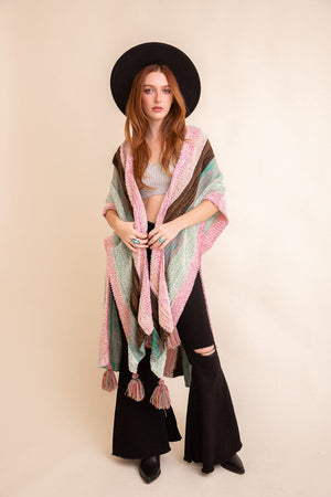 Multi-color Striped Tassel Poncho❤ Ponchos Leto Collection One Size Mint 