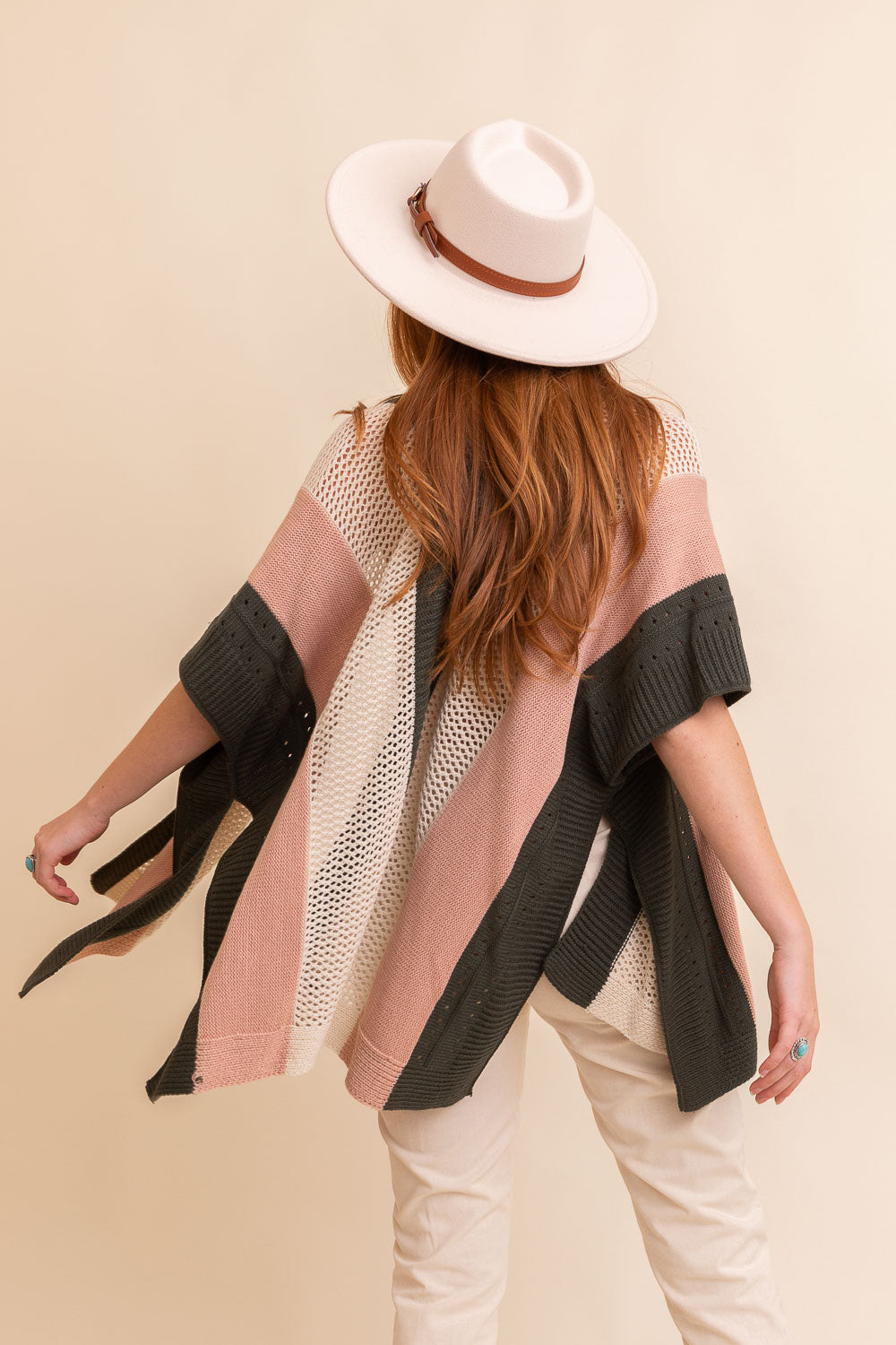 Multi-colored Striped Knit Poncho❤ Ponchos One Size / Pink