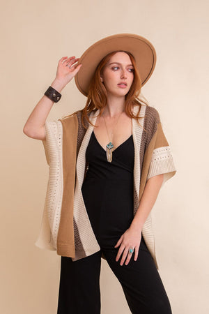 Multi-colored Striped Knit Poncho❤ Ponchos Leto Collection One Size Camel 