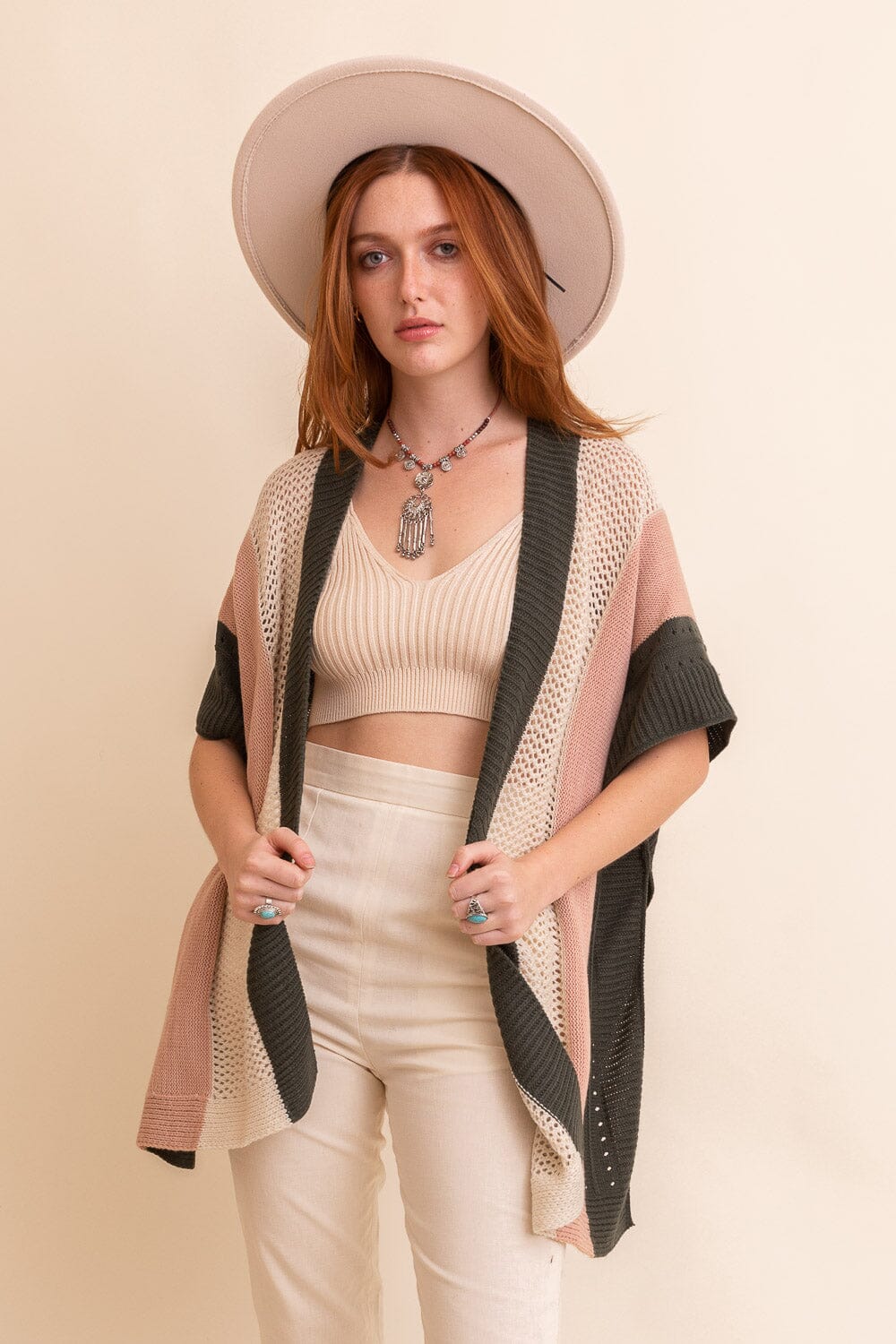 Multi-colored Striped Knit Poncho❤ Ponchos Leto Collection One Size Pink 