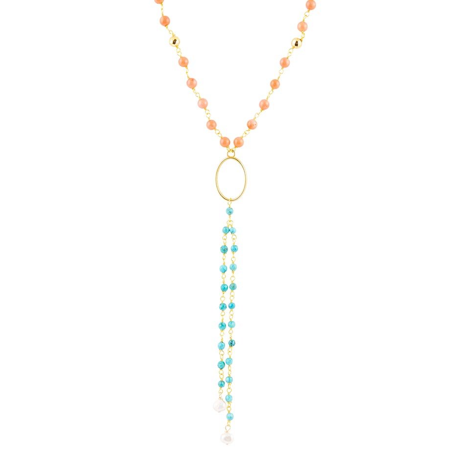 Multi Stone Orange Coral Golden Y-Neck