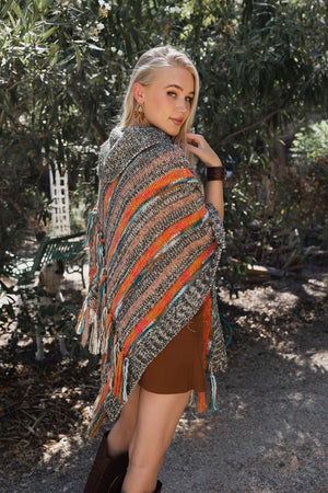 Multicolor Marled Knit Turtle Neck Poncho Ponchos