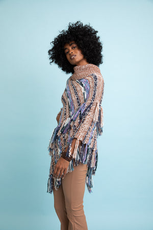 Multicolor Marled Knit Turtle Neck Poncho Ponchos