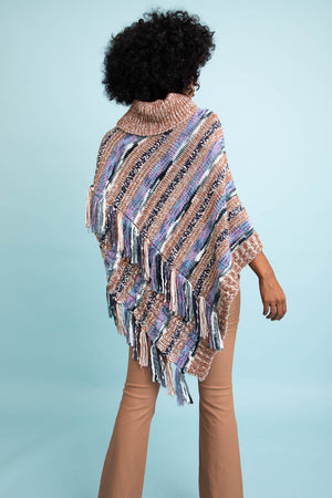 Multicolor Marled Knit Turtle Neck Poncho Ponchos