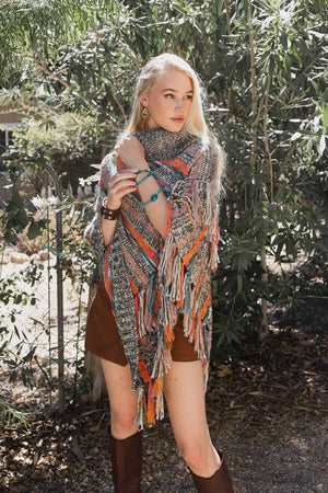 Multicolor Marled Knit Turtle Neck Poncho Ponchos