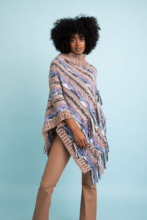 Multicolor Marled Knit Turtle Neck Poncho Ponchos Leto Collection One Size Blue/Brown 
