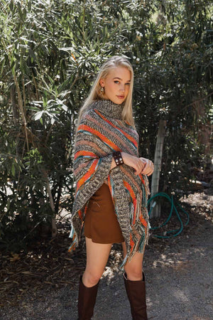 Multicolor Marled Knit Turtle Neck Poncho Ponchos Leto Collection One Size Orange/Brown 