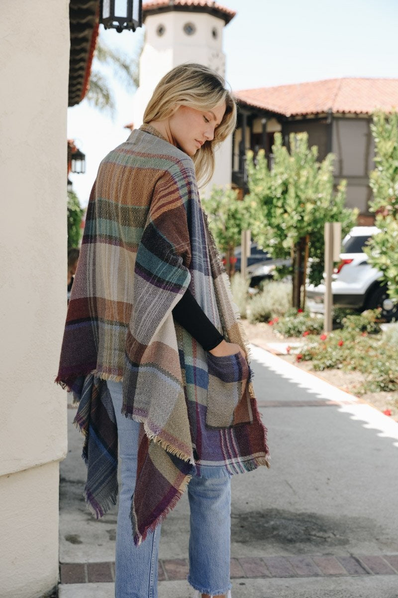 Multicolor Plaid Pocket Ruana Ponchos Camel