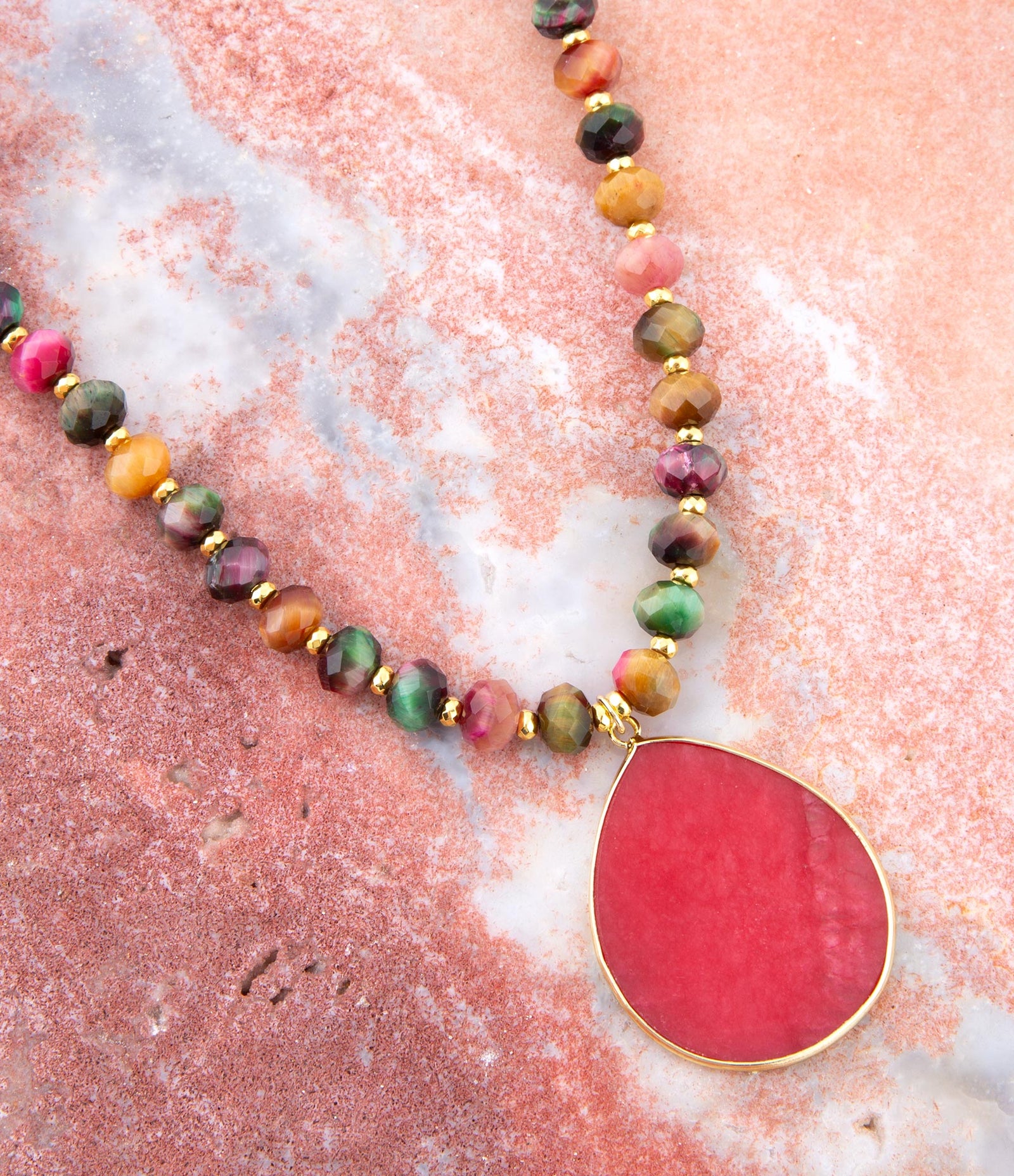 Jeweled Multicolor Tiger's Eye and Pink Jade Pendant Golden Necklace