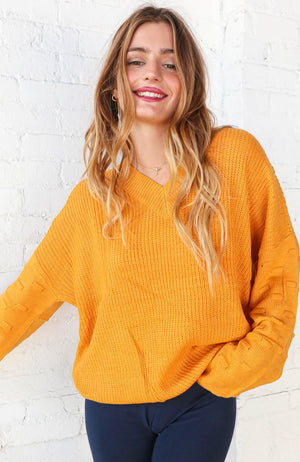 Mustard V Neck Chunky Textured Bubble Sleeve Sweater Haptics 