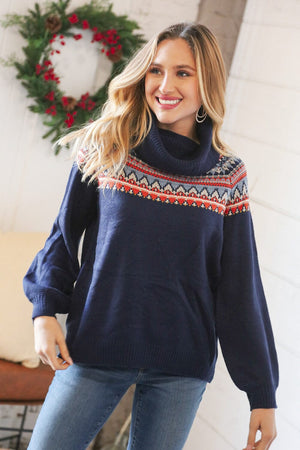 Navy Holiday Pattern Bubble Sleeve Cowel Neck Entro 