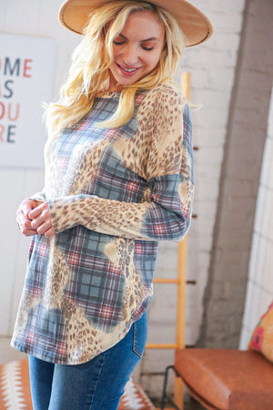 Oatmeal & Teal Rib Leopard and Plaid Patchwork Pullover VIAMOR 